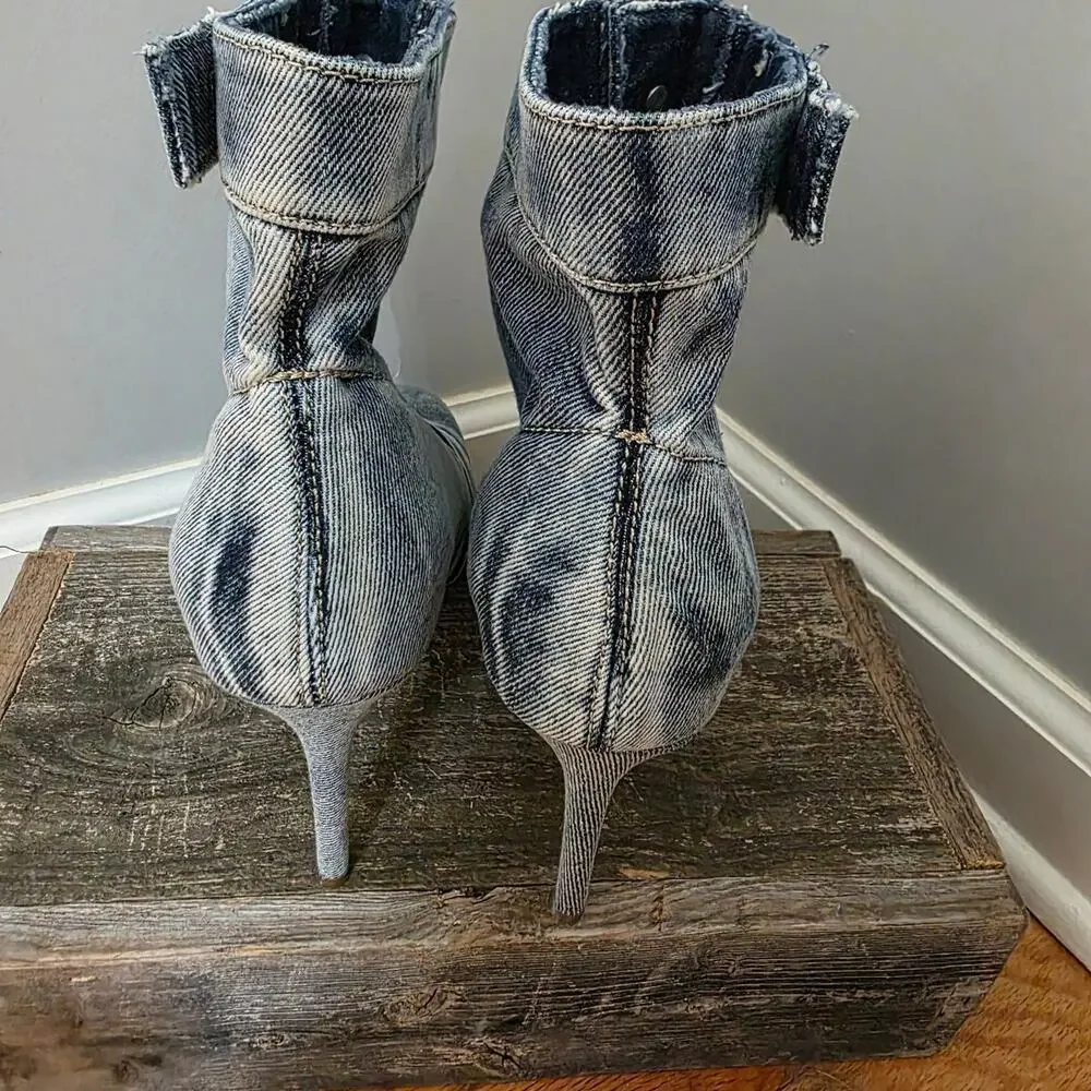 Azalea Wang Denim Button Up Stiletto Ankle Boots Acid Wash Blue Jean Booties 7.5